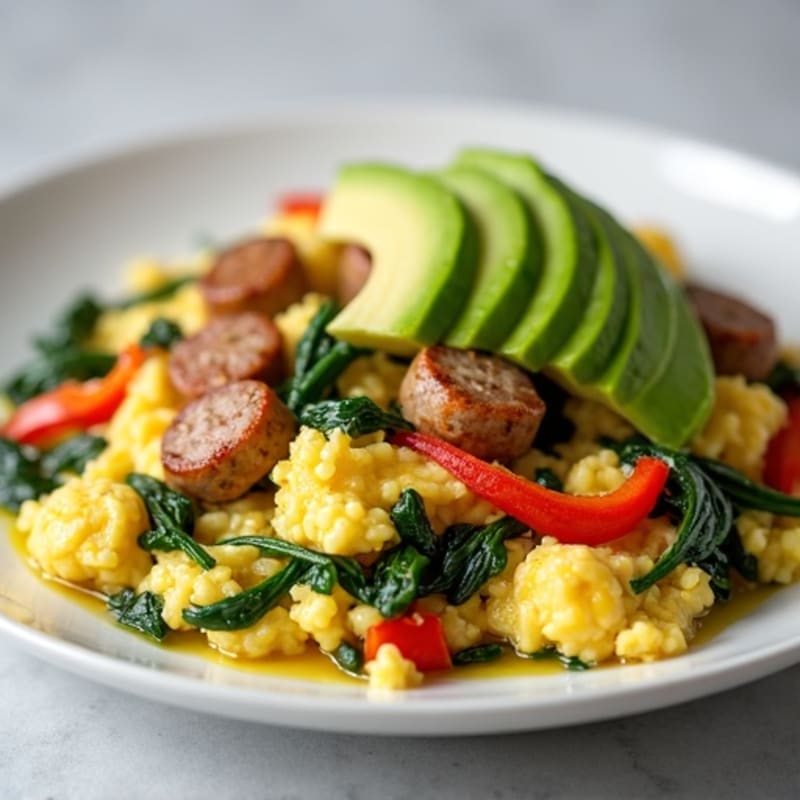 Egg White and Turkey Sausage Scramble with Spinach and Bell Peppers