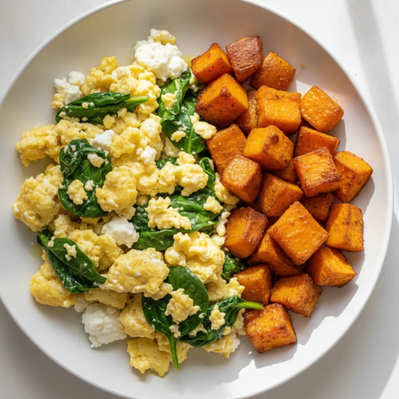 Cottage Cheese and Spinach Egg Scramble with Roasted Sweet Potato