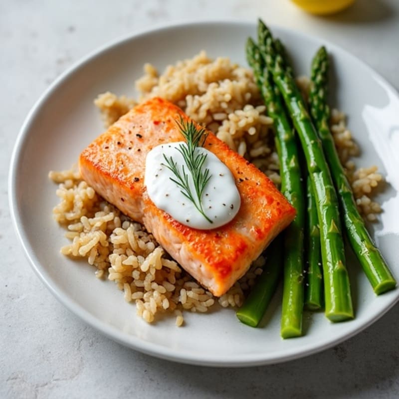 Seared Salmon Fillet with Steamed Asparagus and Brown Rice