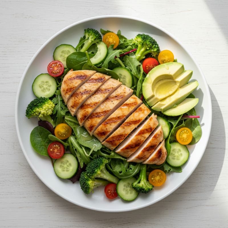 Grilled Chicken Salad with Avocado, Cucumber, Tomato, and Broccoli