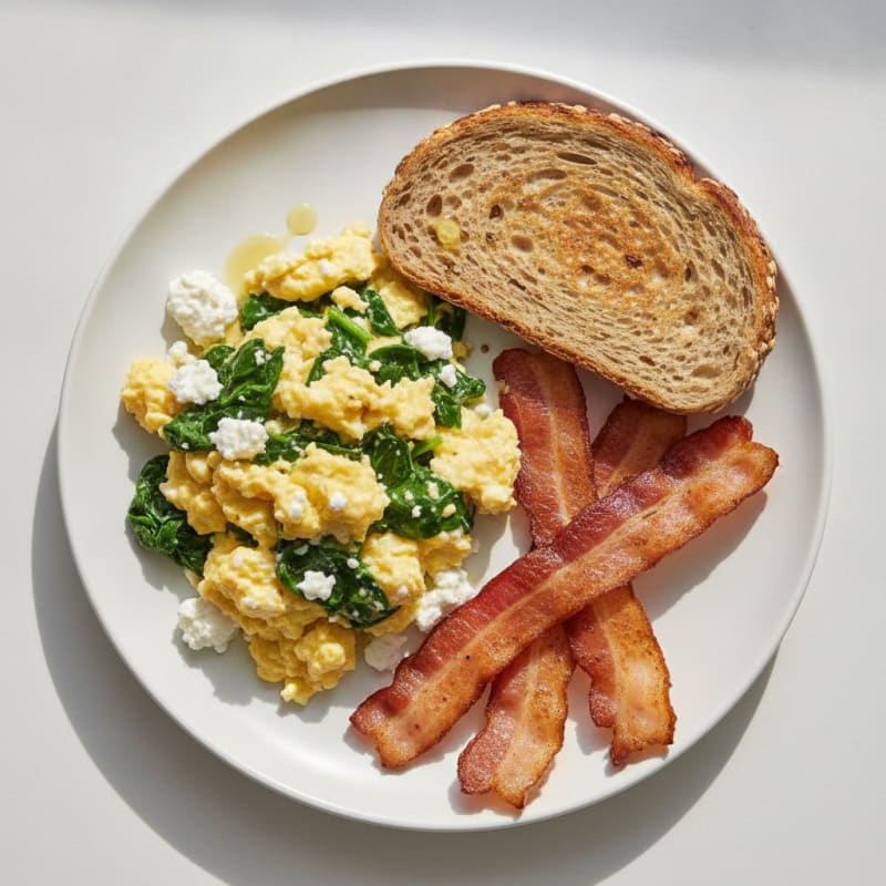 Cottage Cheese Scramble with Spinach and Turkey Bacon