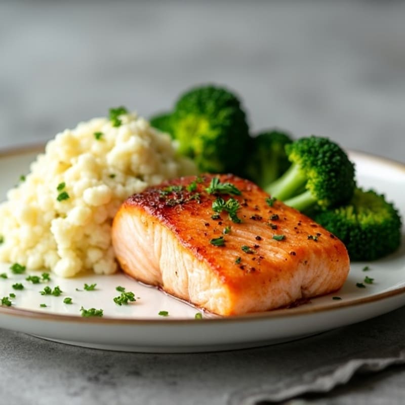 Seared Salmon with Roasted Broccoli and Garlic Mashed Cauliflower