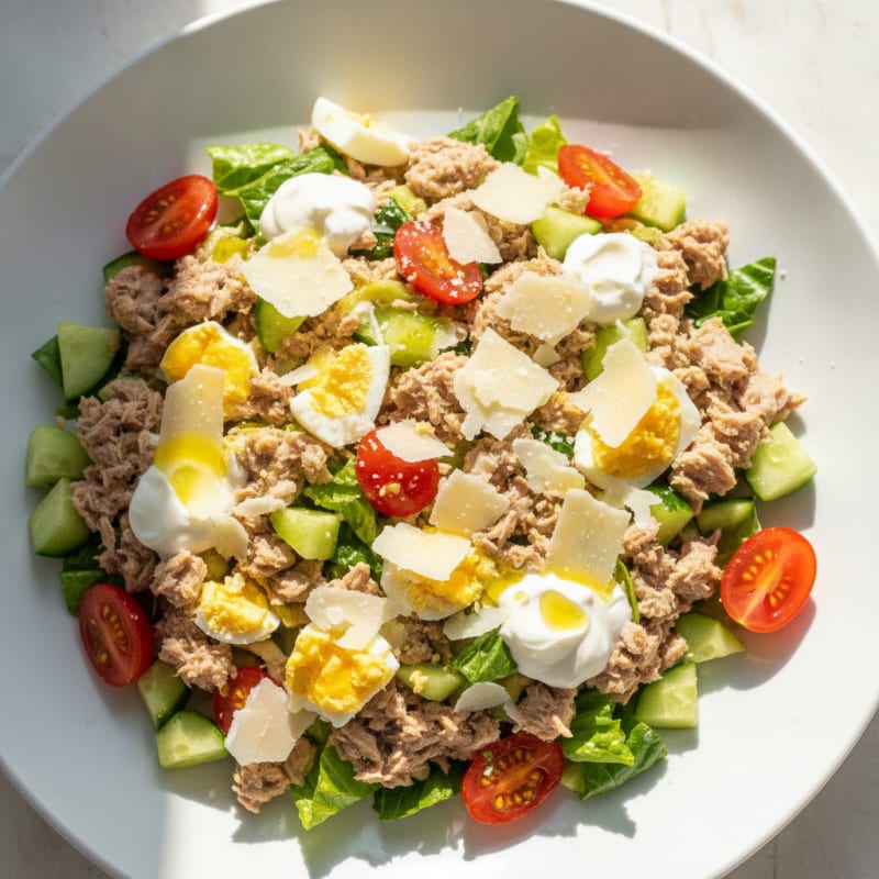 Tuna and Egg Salad with Cucumbers, Tomatoes, and Olive Oil