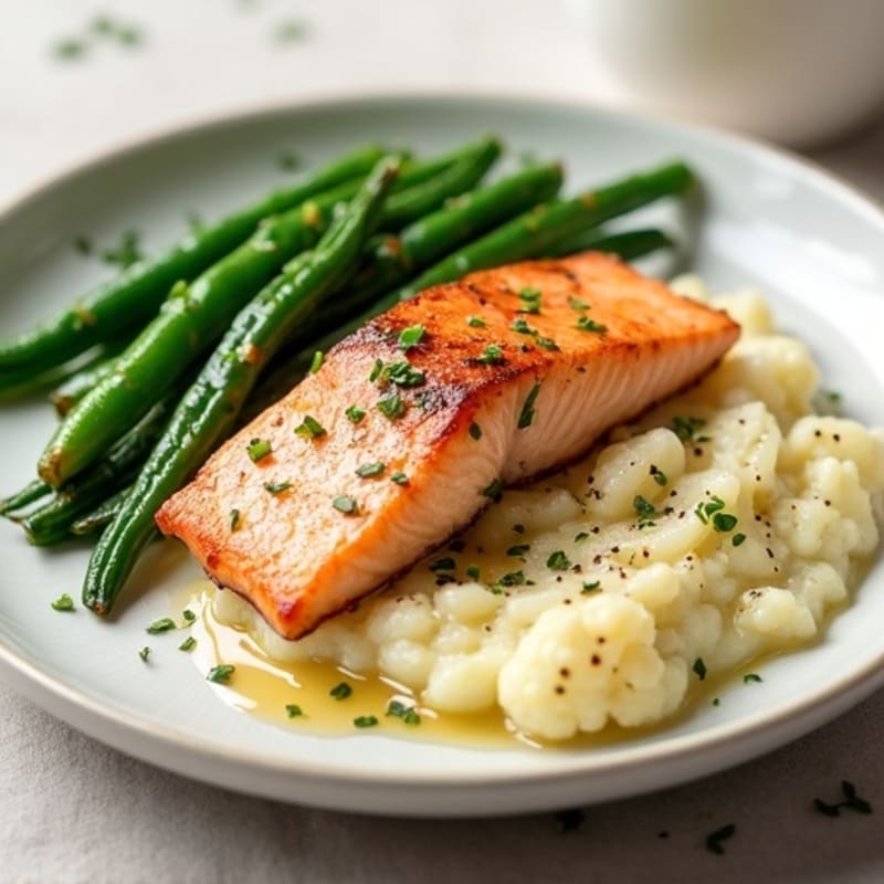 Seared Salmon with Garlic Green Beans and Cauliflower Mash