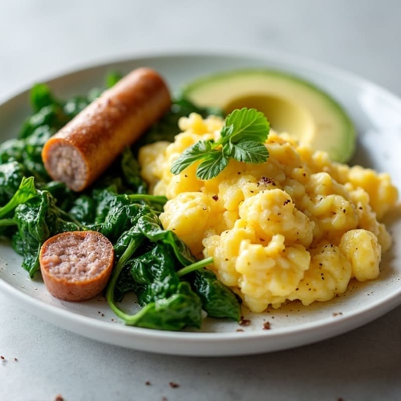 Egg White and Turkey Sausage Scramble with Sautéed Spinach