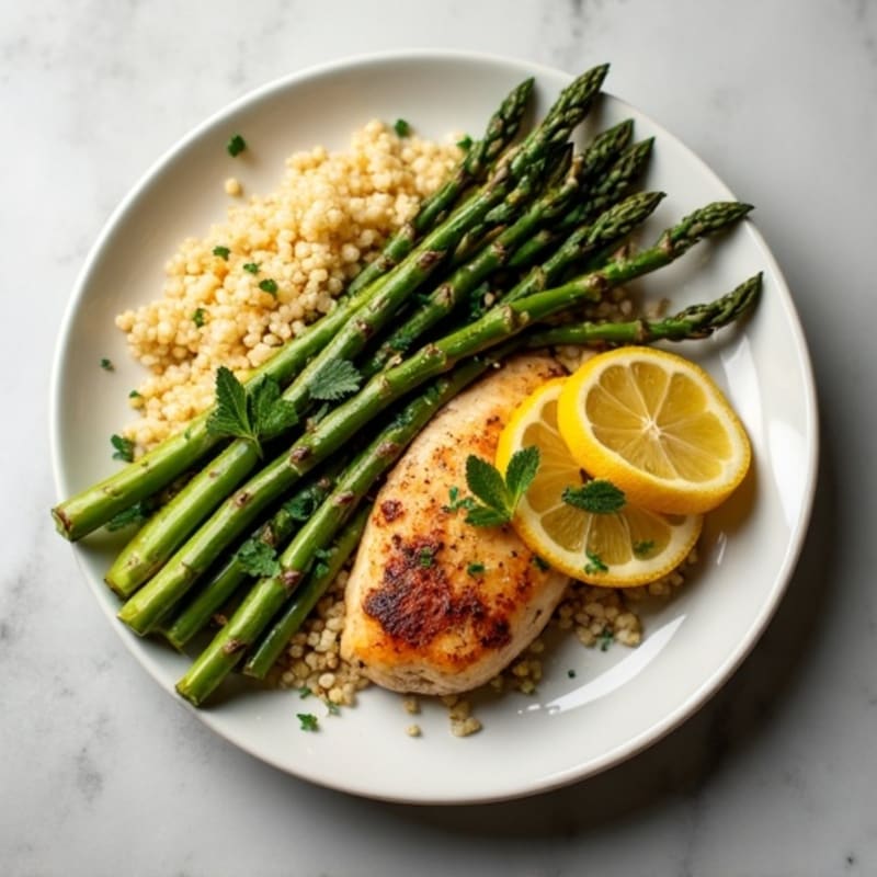 Lemon Garlic Pan Seared Chicken with Roasted Asparagus and Quinoa