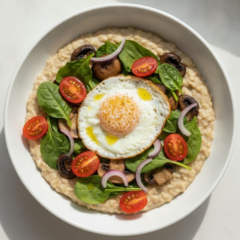 Creamy Oatmeal with Sautéed Spinach, Mushrooms, and Egg Whites