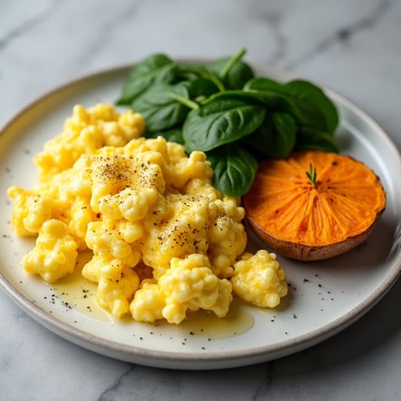Fluffy Scrambled Eggs with Fresh Spinach and Roasted Sweet Potatoes