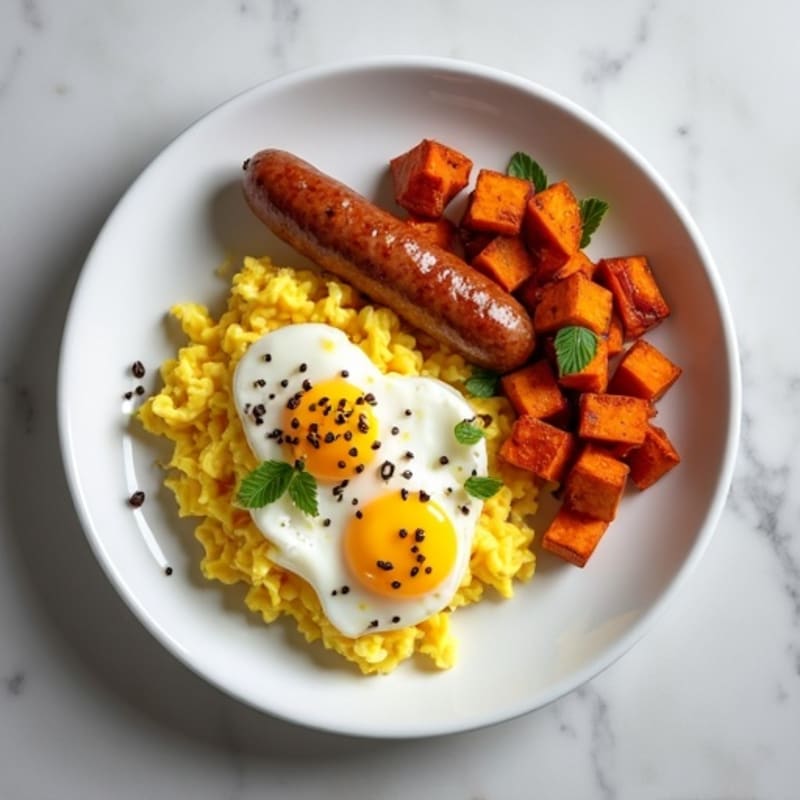 Fluffy Egg White Scramble with Roasted Sweet Potato Hash
