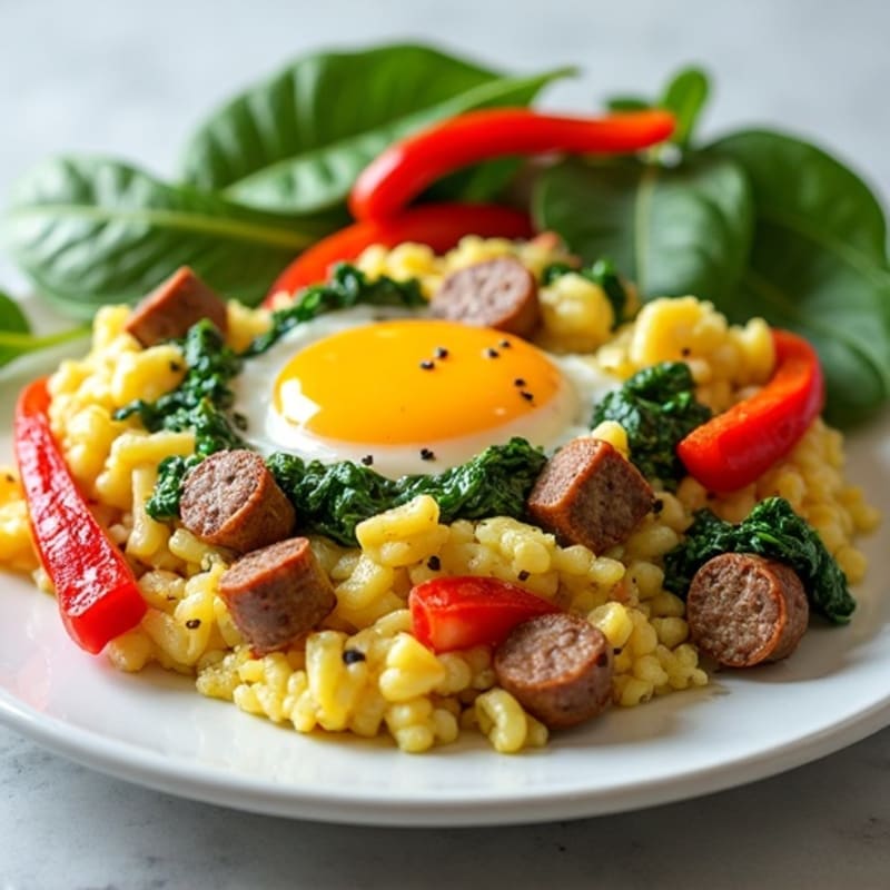 Egg White and Turkey Sausage Scramble with Spinach and Bell Peppers
