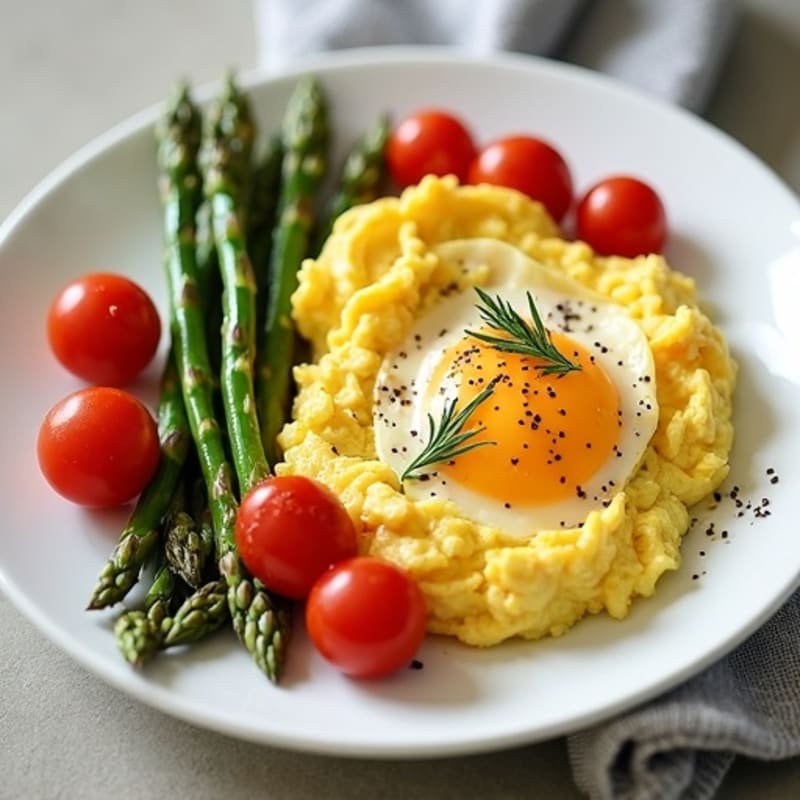 Creamy Scrambled Eggs with Roasted Asparagus and Cherry Tomatoes