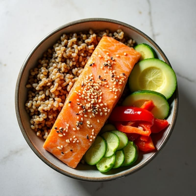 Sesame-Crusted Salmon Rice Bowl with Fresh Avocado and Crisp Vegetables