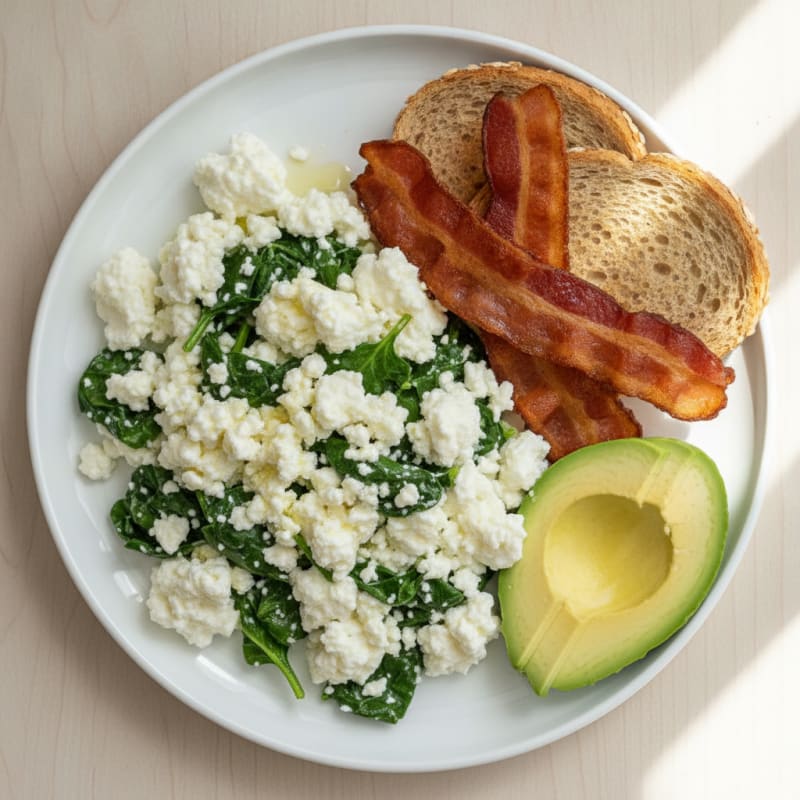 Cottage Cheese Egg White Scramble with Spinach and Turkey Bacon