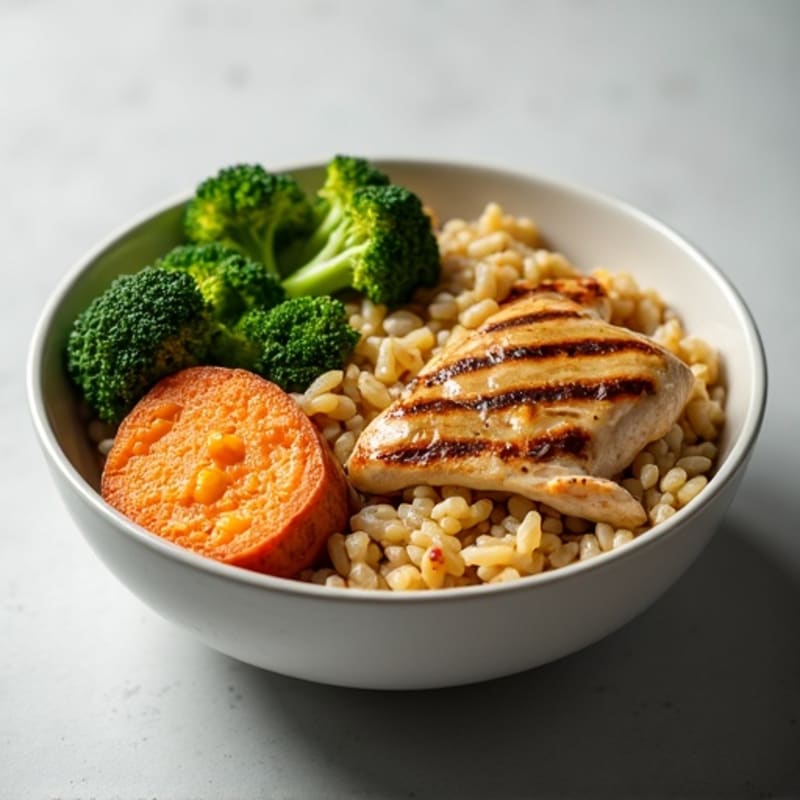 Grilled Chicken and Broccoli Rice Bowl with Roasted Sweet Potato