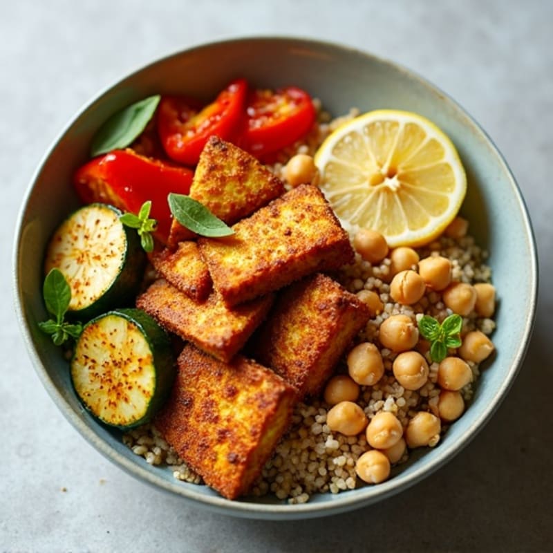 Crispy Tofu Power Bowl with Quinoa and Roasted Vegetables