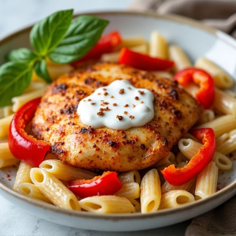 Spicy Chicken with Creamy Pasta and Roasted Bell Peppers