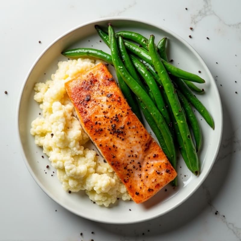 Seared Salmon with Garlic Green Beans and Cauliflower Mash