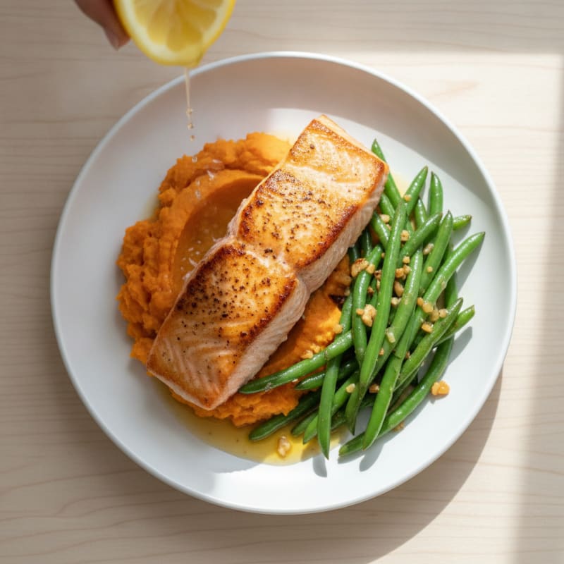 Seared Salmon with Garlic Green Beans and Mashed Sweet Potato