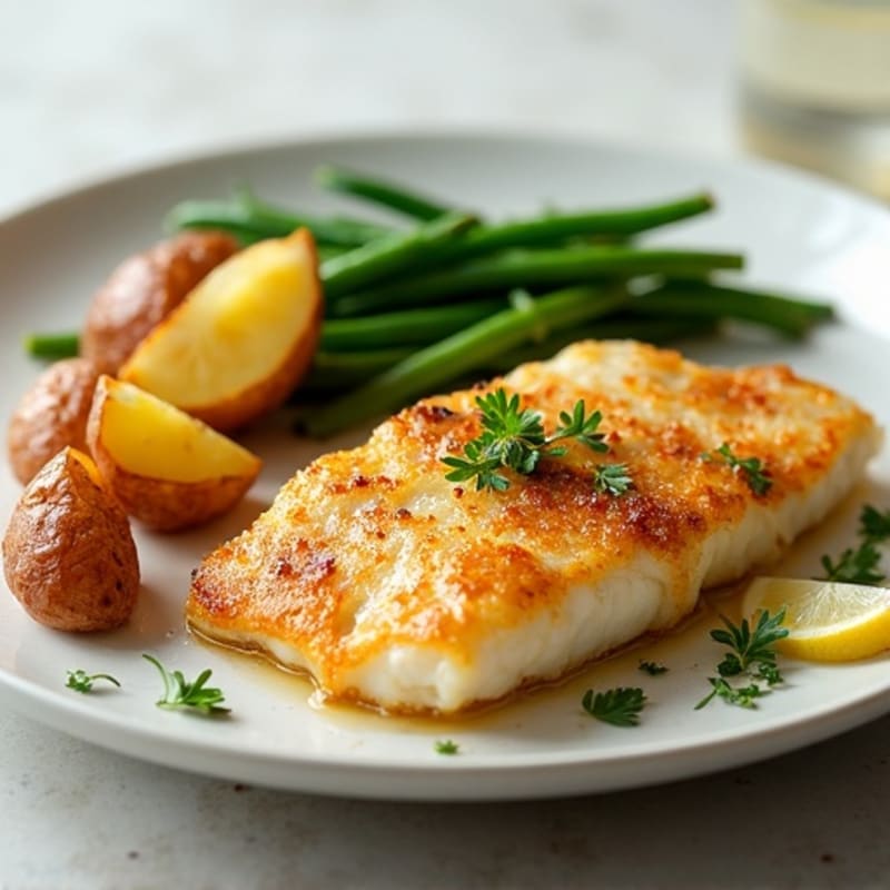 Crispy Pan-Seared Cod with Roasted Potatoes and Tender Green Beans