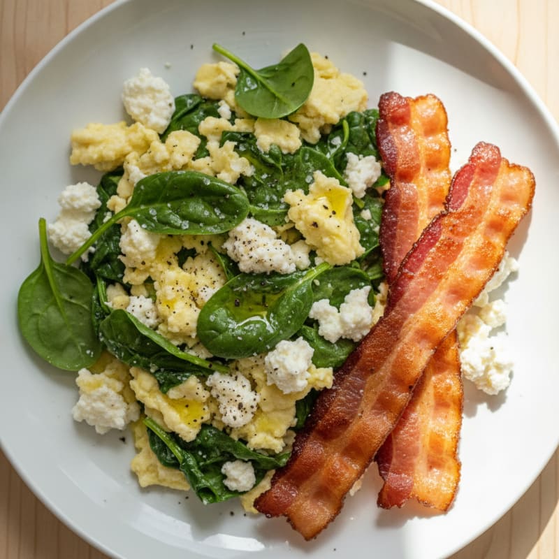 Egg White Spinach Scramble with Turkey Bacon and Cottage Cheese