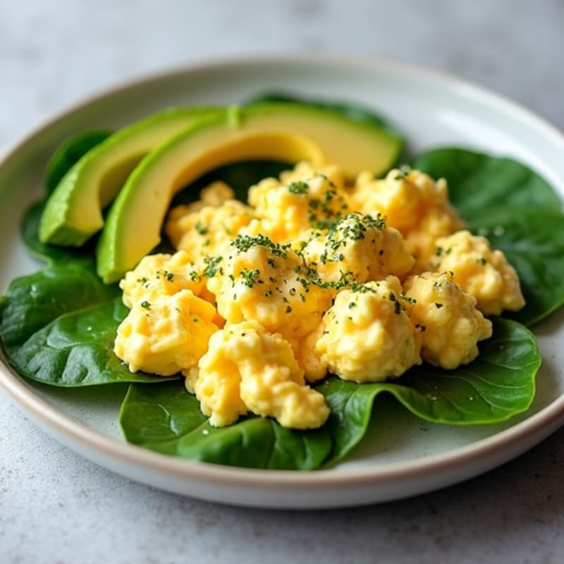 Fluffy Scrambled Eggs with Fresh Spinach and Creamy Avocado