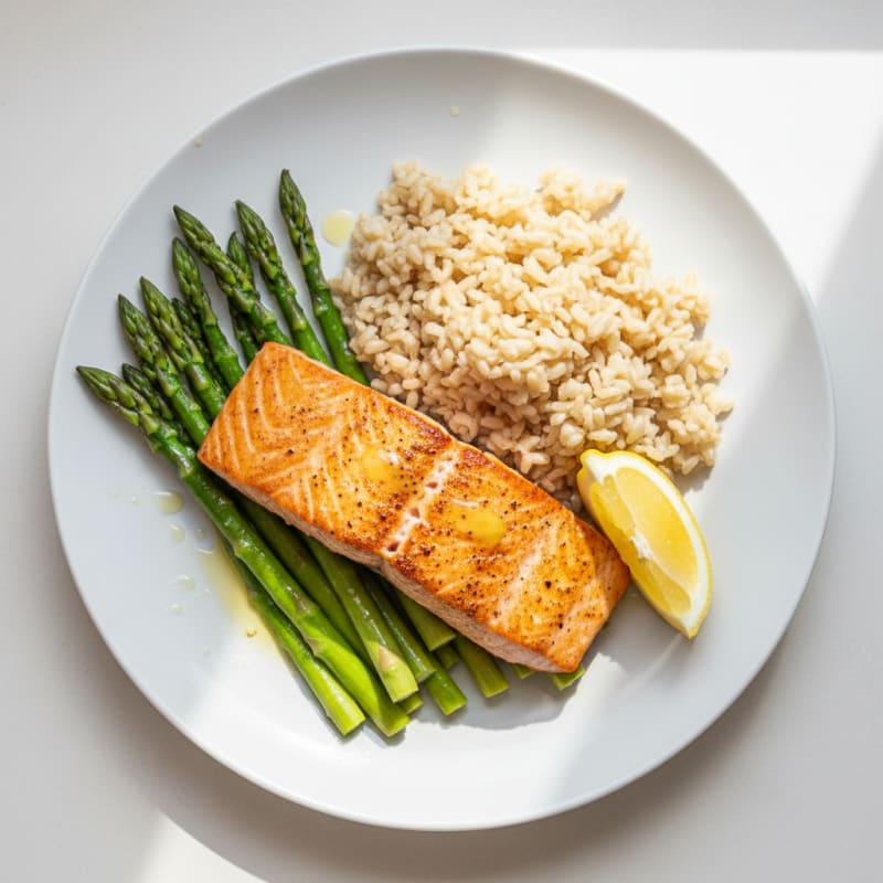 Seared Salmon with Steamed Asparagus and Brown Rice