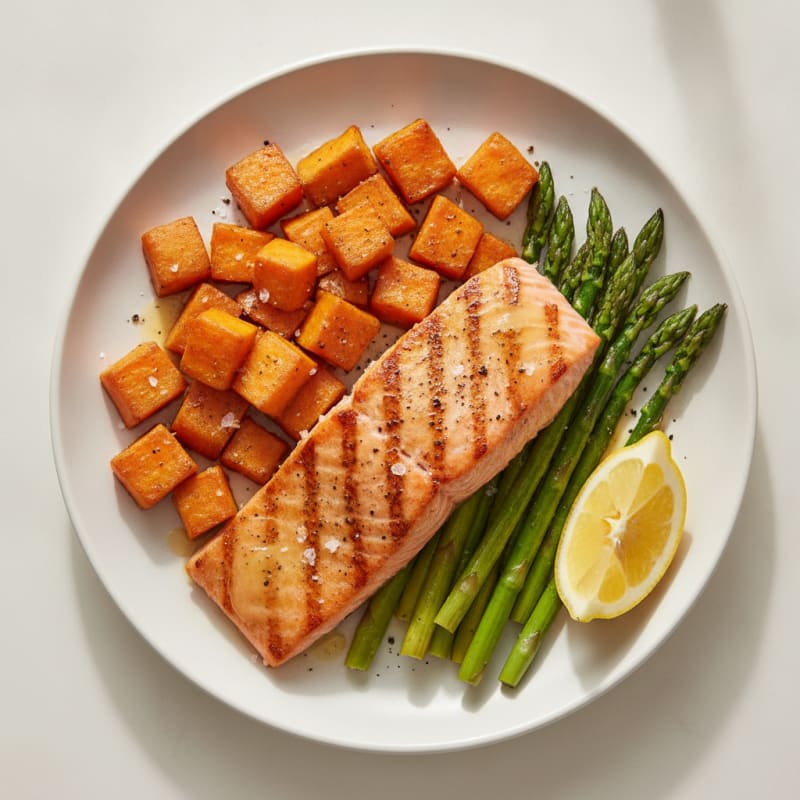 Seared Salmon with Roasted Sweet Potato and Asparagus