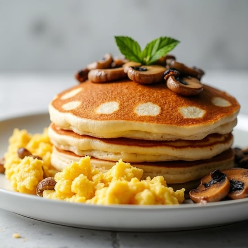 Fluffy Protein Pancakes with Savory Scrambled Eggs and Sautéed Mushrooms