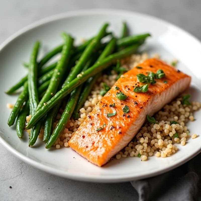 Seared Salmon Filet with Garlic Green Beans and Quinoa Pilaf