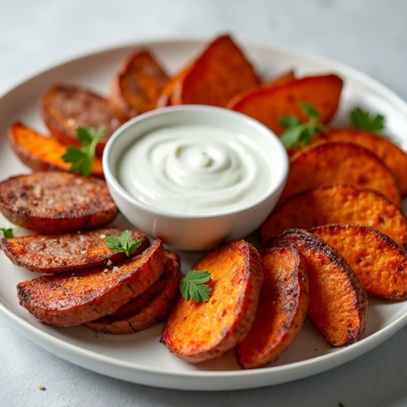 Crispy Baked Sweet Potato Wedges with Turkey Sausage & Herbed Greek Yogurt Dip