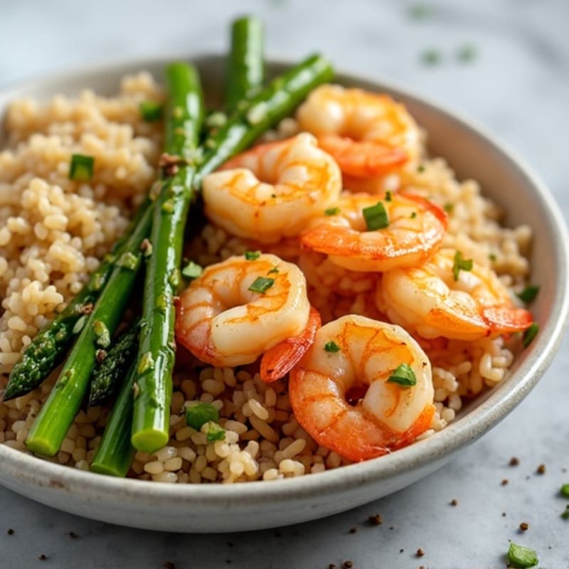 Garlic-Lemon Seared Shrimp with Brown Rice and Roasted Asparagus