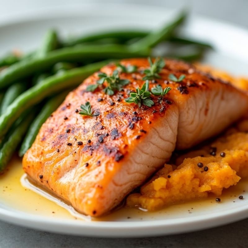 Seared Salmon Filet with Steamed Green Beans and Sweet Potato Mash