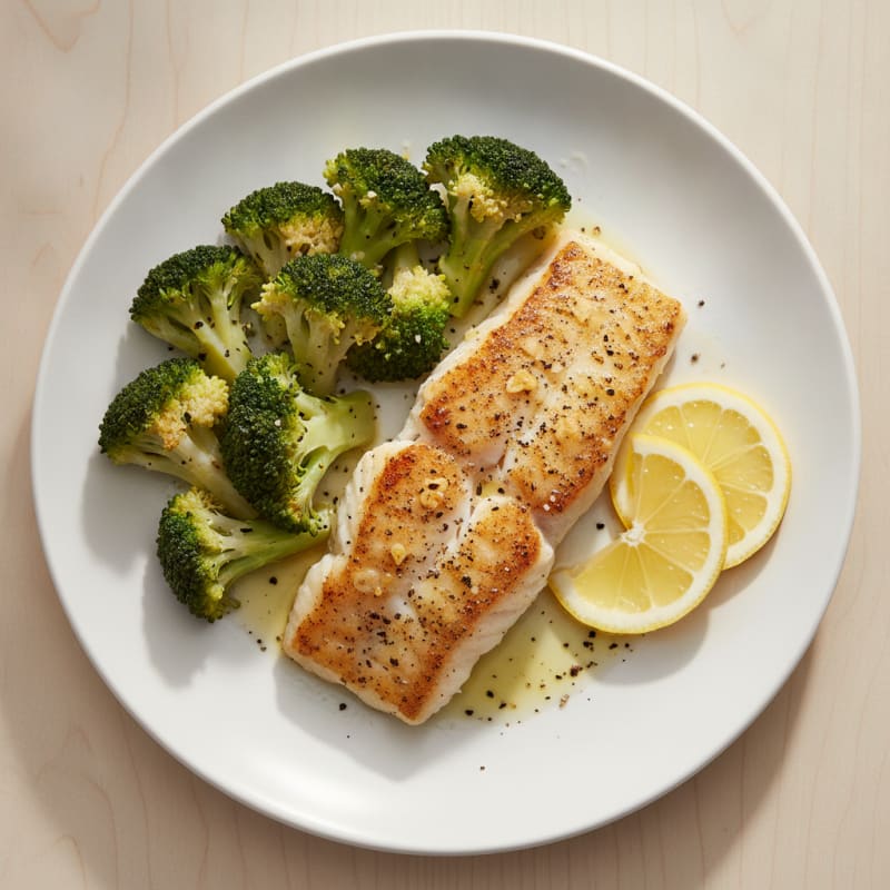 Seared Cod Fillet with Steamed Broccoli and Lemon