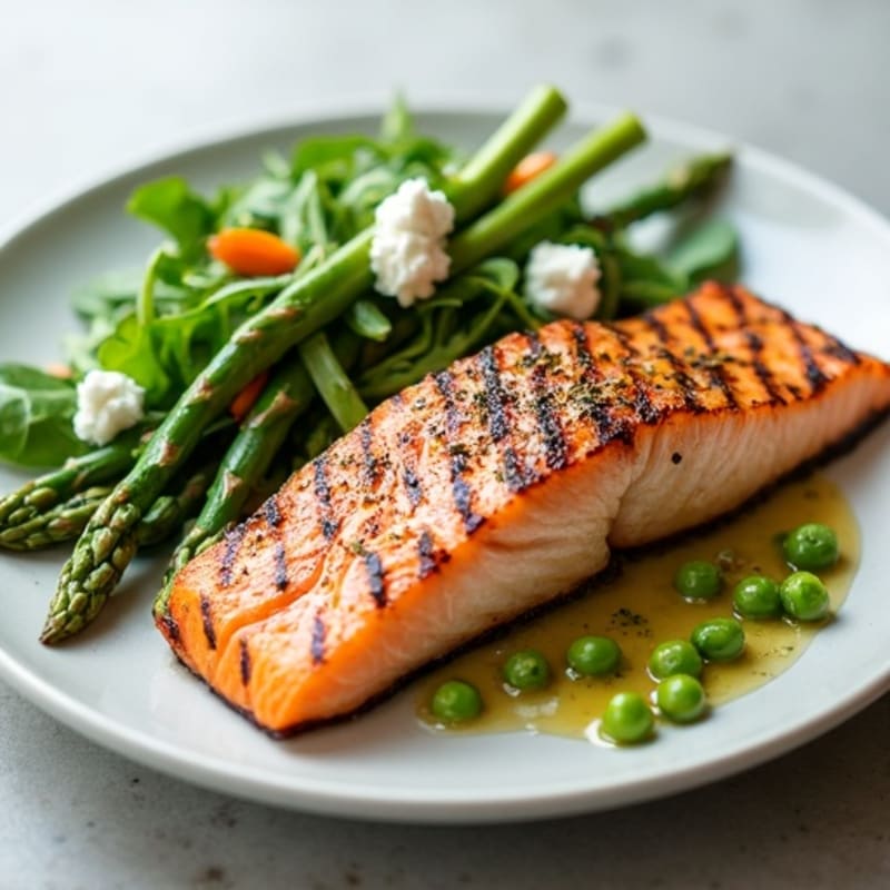 Seared Salmon with Steamed Asparagus, Mixed Greens, and Edamame Salad with Feta
