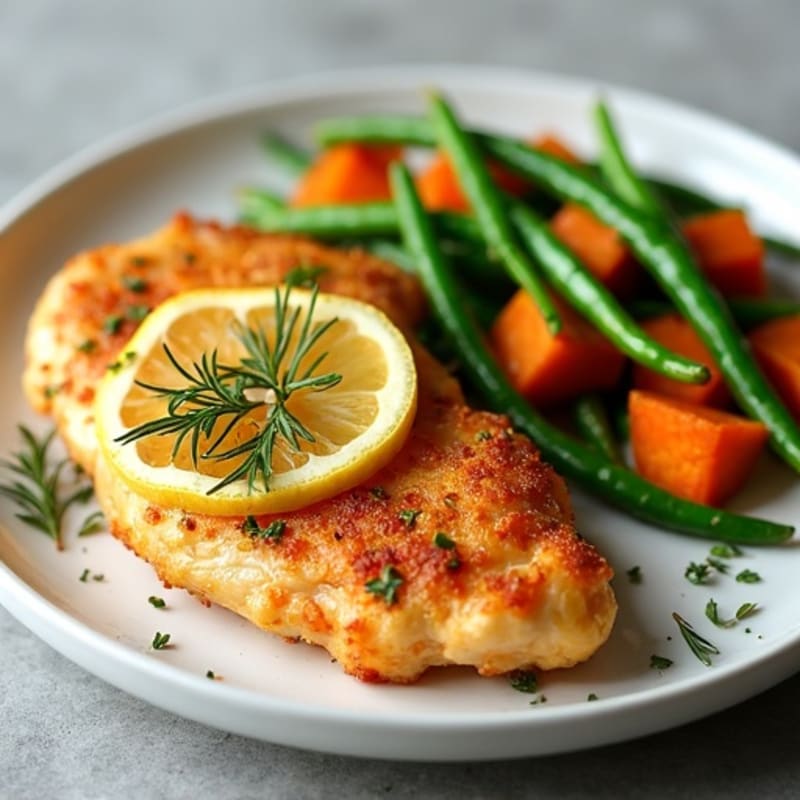 Crispy Lemon Herb Chicken with Roasted Sweet Potatoes and Green Beans