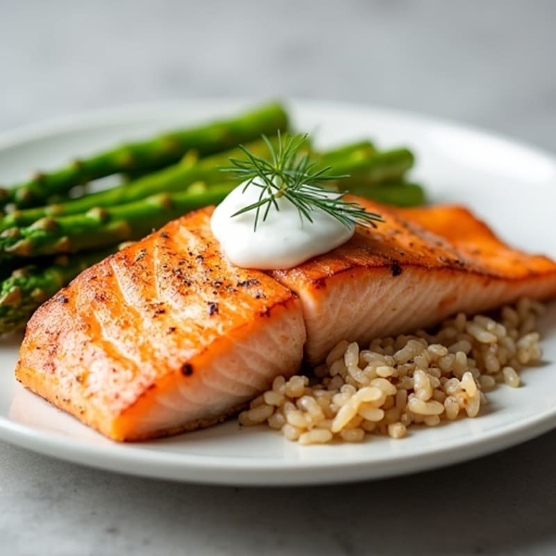 Seared Salmon with Steamed Asparagus and Brown Rice