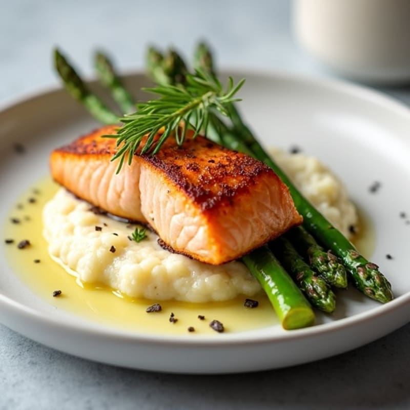 Seared Salmon with Roasted Asparagus and Cauliflower Mash