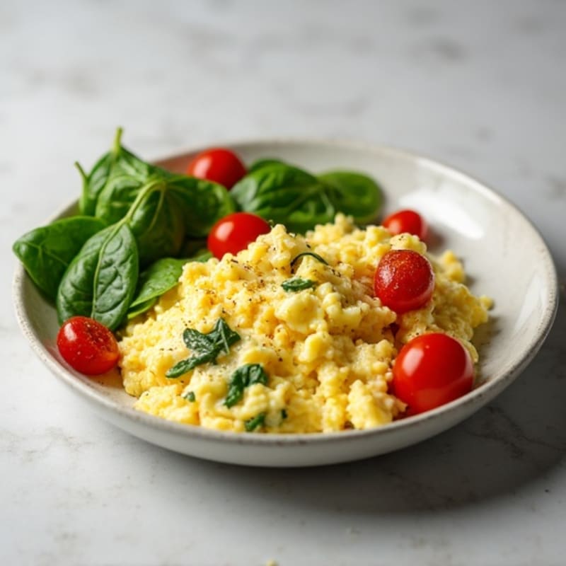 Creamy Egg White Scramble with Fresh Spinach and Cherry Tomatoes