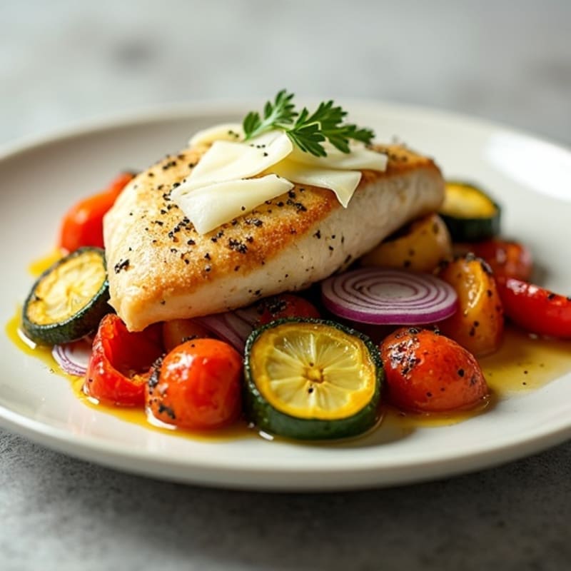 Lemon-Herb Chicken with Roasted Vegetables and Shaved Pecorino