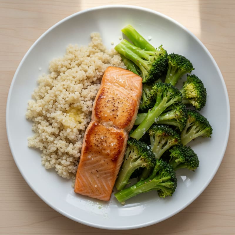 Seared Salmon with Steamed Broccoli and Quinoa