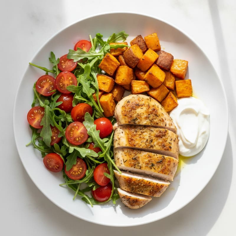 Oven-Baked Chicken Breast with Roasted Sweet Potato and Tomato Medley