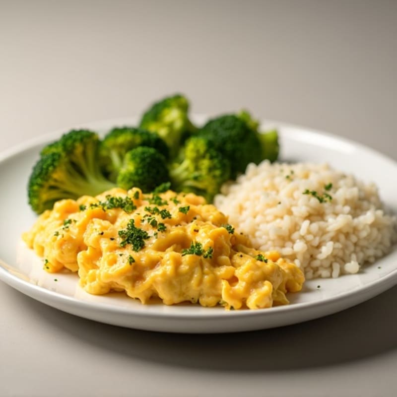 Creamy Egg and Cheese Scramble with Sautéed Broccoli and Cream of Rice
