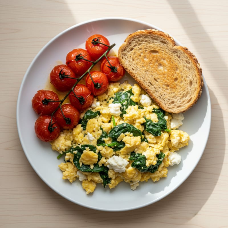 Egg and Spinach Cottage Cheese Scramble with Roasted Tomatoes