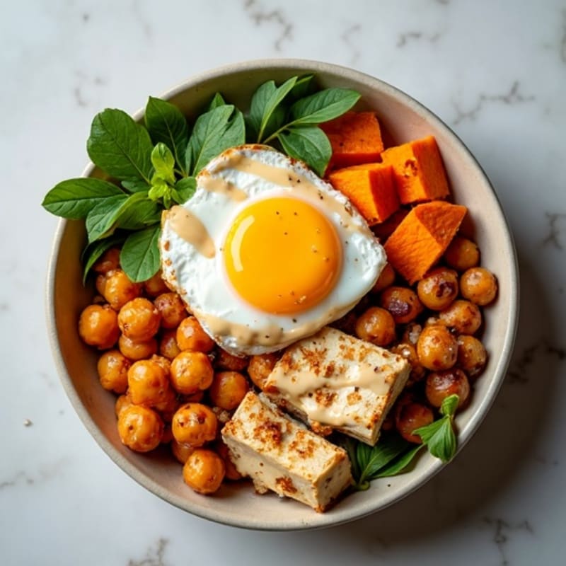 Crispy Chickpea and Roasted Sweet Potato Bowl with Creamy Tahini