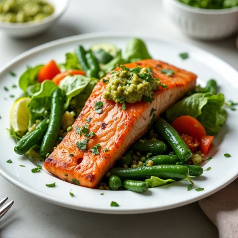 Grilled Salmon Salad with Green Beans and Salsa Guacamole