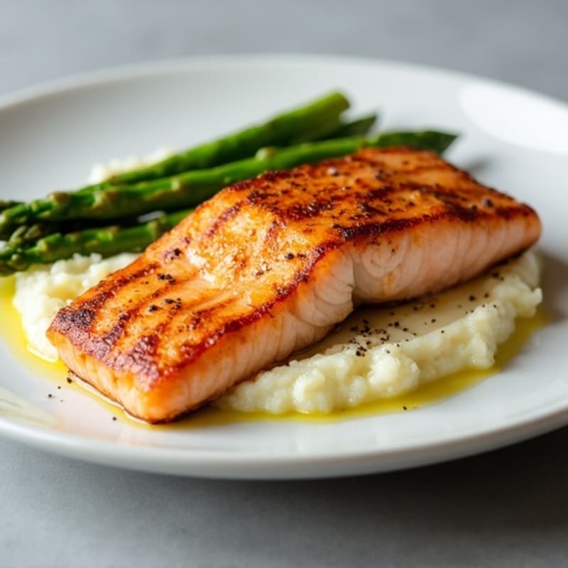 Seared Salmon with Steamed Asparagus and Cauliflower Mash