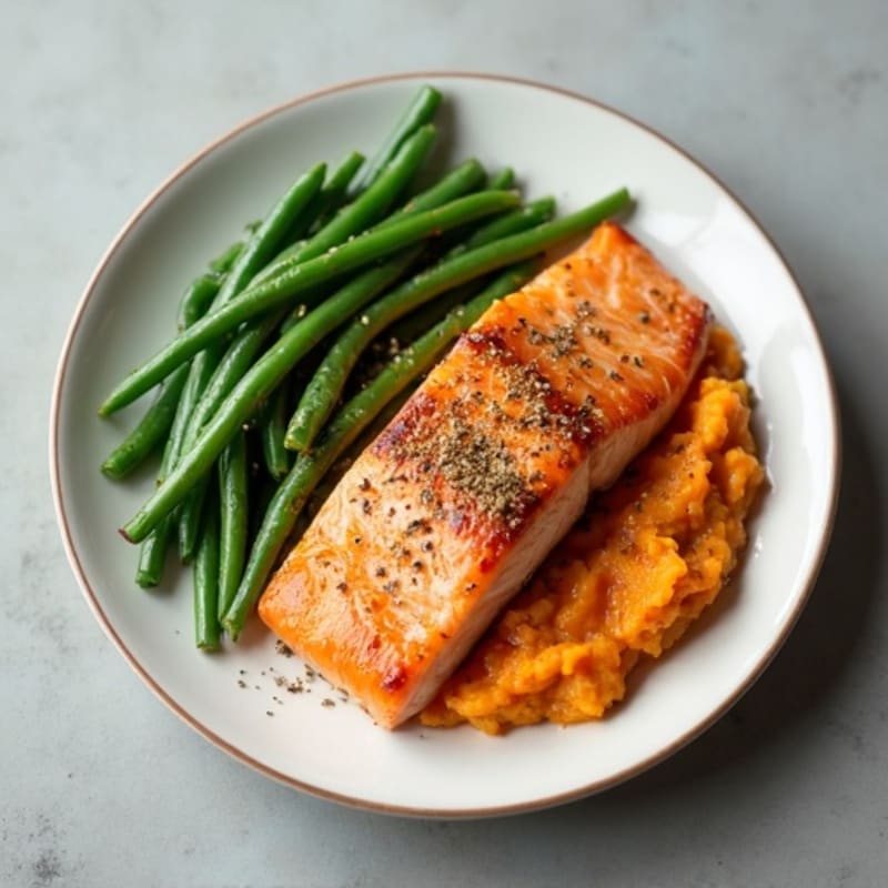 Seared Salmon with Garlic Green Beans and Sweet Potato Mash