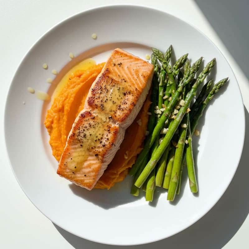Seared Salmon with Garlic Asparagus and Sweet Potato Mash