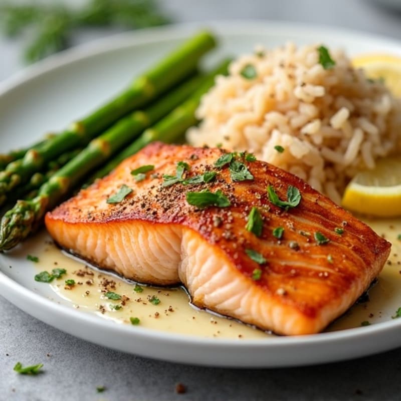 Seared Salmon with Steamed Asparagus and Brown Rice
