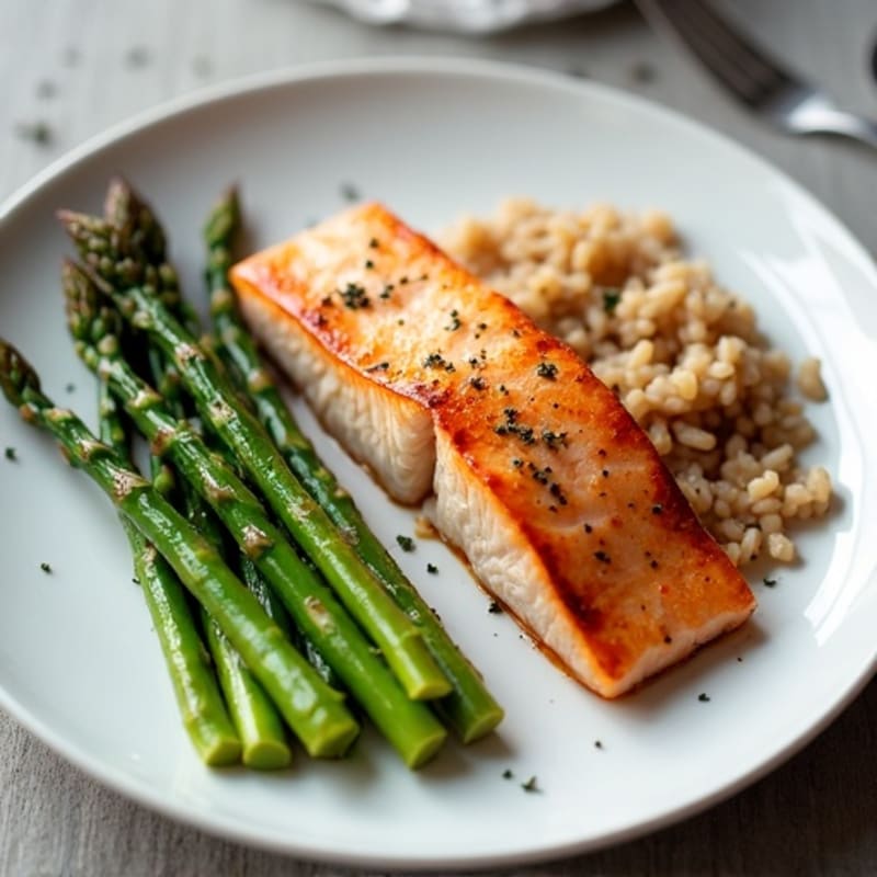 Seared Salmon with Steamed Asparagus and Brown Rice